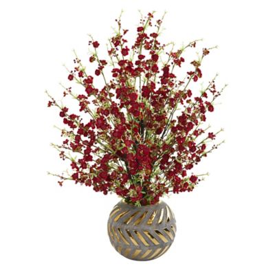 Nearly Natural 30 in. Cherry Blossom Artificial Arrangement in Stoneware Vase with Gold Trimming