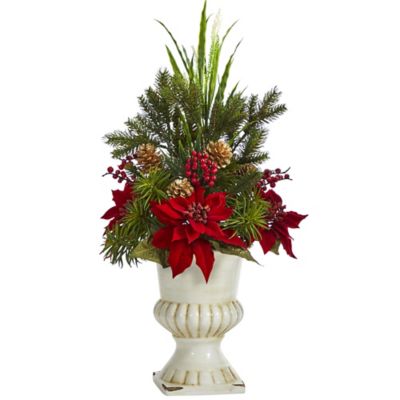 Nearly Natural 28 in. Poinsettia, Grass and Succulent Artificial Arrangement in White Urn