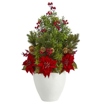 Nearly Natural 32 in. Poinsettia, Boxwood and Succulent Artificial Arrangement in White Vase
