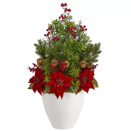 Nearly Natural 32" Artificial Poinsettia Boxwood and Succulent Arrangement in White Vase Artificial Christmas Plants