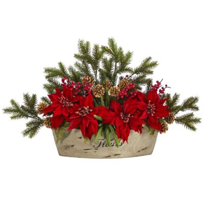 Nearly Natural 25 in. Poinsettia, Succulent and Pine Artificial Arrangement in Decorative Vase