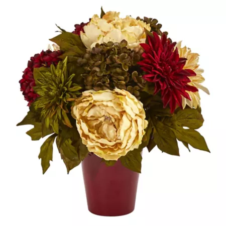 Nearly Natural 14" Artificial Peony Hydrangea and Dahlia Arrangement in Burgundy Vase Artificial Christmas Plants