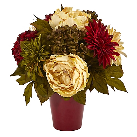 Nearly Natural 14 in. Peony, Hydrangea and Dahlia Artificial Arrangement in Burgundy Vase