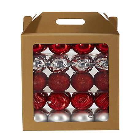 Nearly Natural 3 in. Shatterproof Christmas Tree Ornament Box Set with Reusable Box, Red, 40 pk.