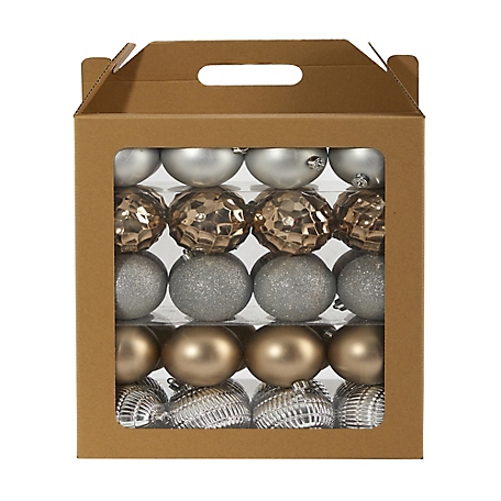 Nearly Natural 3 in. Shatterproof Christmas Tree Ornament Box Set with Reusable Box, Silver, 40-Pack