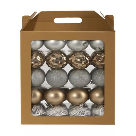 Nearly Natural 3 in Shatterproof Christmas Tree Ornaments Set with Reusable Box Silver Pack of 40 Christmas Ornaments & Tree Toppers