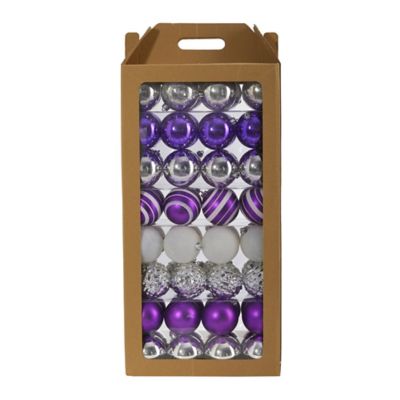 Nearly Natural 3 in. Shatterproof Christmas Tree Ornament Set with Reusable Box, Purple, 64-Pack