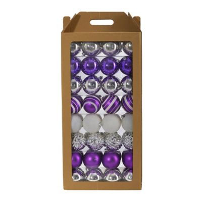 Nearly Natural Shatterproof Christmas Tree Ornament Set with Reusable Box, Purple, 64 pc.