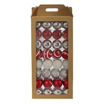 Nearly Natural 3 in. Shatterproof Christmas Tree Ornament Set with Reusable Box, Red, 64-Pack