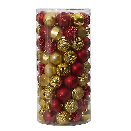 Nearly Natural 2 in. Shatterproof Christmas Tree Ornament Set with Reusable Tube, Red, 101 pk.