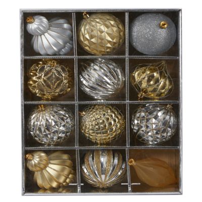 Nearly Natural 4 in. Lux Shatterproof Christmas Tree Ornament Set with Reusable Box, Gold, 12-Pack