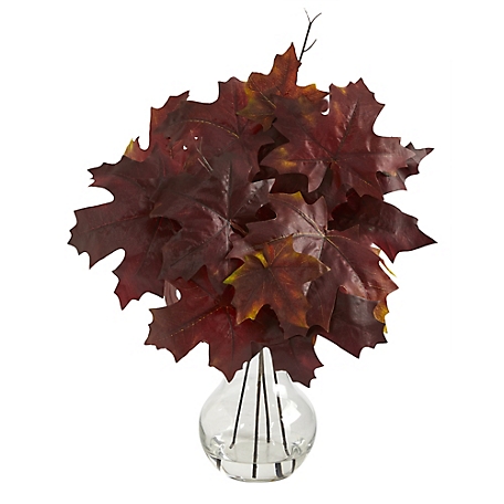 Nearly Natural 18 in. Autumn Maple Leaf Artificial Plant in Glass Planter, Burgundy