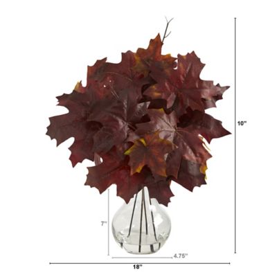 Image showing  18 in. Autumn Maple Leaf Artificial Plant in Glass Planter, Burgundy