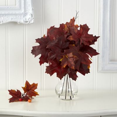 Image showing  18 in. Autumn Maple Leaf Artificial Plant in Glass Planter, Burgundy