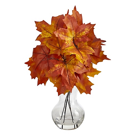 Nearly Natural 18 in. Autumn Maple Leaf Artificial Plant in Glass Planter, Orange