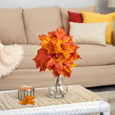 Image showing  18 in. Artificial Orange Autumn Maple Leaf Plant in Glass Planter