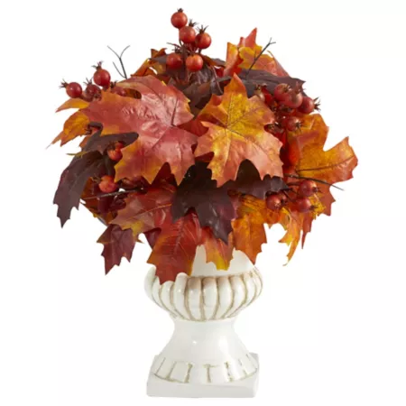 Nearly Natural 20 in Artificial Fall Plant in the Shape of a Maple Leaf and Berries in a White Urn Artificial Plants & Flowers