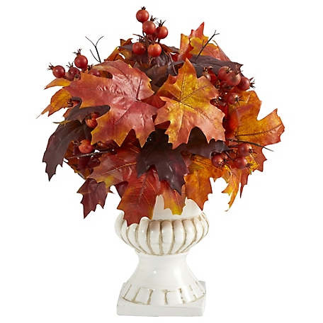 Nearly Natural 20 in. Autumn Maple Leaf and Berries Artificial Plant in White Urn