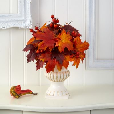 Image showing  20 in. Artificial Autumn Maple Leaf and Berries Plant in White Urn