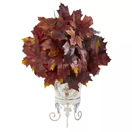 Nearly Natural 20" Artificial Fall Maple Leaf Plant in Metal Pot Burgundy Artificial Plants & Flowers