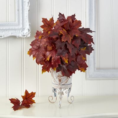 Image showing  20 in. Artificial Burgundy Autumn Maple Leaf Plant in Metal Planter