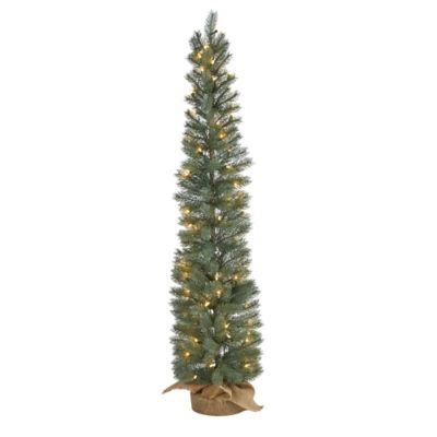 Nearly Natural 4 ft. Green Pine Artificial Christmas Tree with Warm White LED Lights in Burlap Base