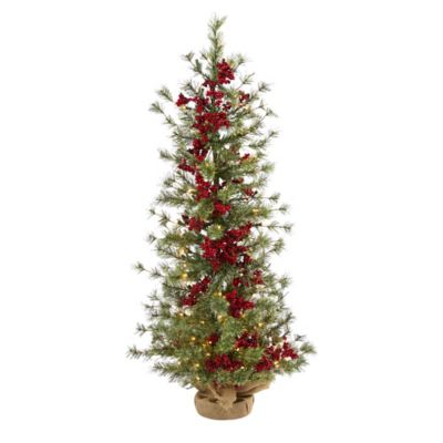 Nearly Natural 4 ft. Pre-Lit Pine Artificial Christmas Tree with Berries in Burlap Base, Warm White LED Lights