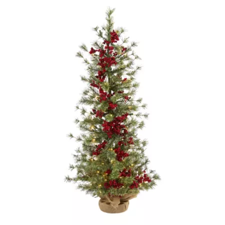 Nearly Natural 4-Foot Berry and Pine Artificial Christmas Tree with Warm White LED Lights and Burlap Base Artificial Christmas Trees