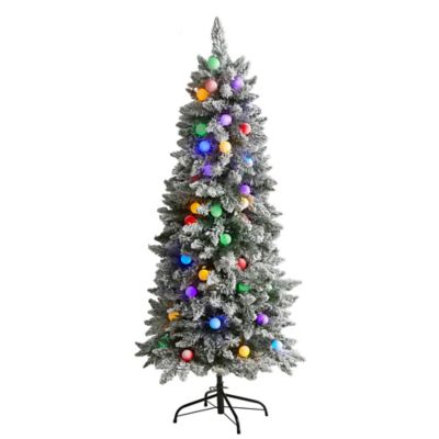 Nearly Natural 5 ft. Flocked British Columbia Mountain Fir Artificial Christmas Tree with Multicolor LED Lights