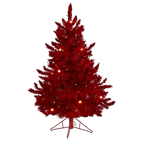 Nearly Natural 4 ft. Red Flocked Fraser Fir Artificial Christmas Tree with Red Lights and Globe Bulbs