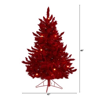 Image showing  4 ft. Red Flocked Fraser Fir Artificial Christmas Tree with Red Lights and Globe Bulbs