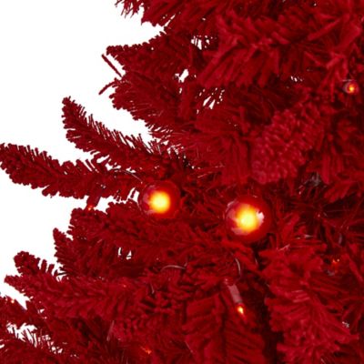 Image showing  4 ft. Red Flocked Fraser Fir Artificial Christmas Tree with Red Lights and Globe Bulbs