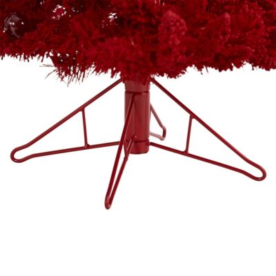 Image showing  4 ft. Red Flocked Fraser Fir Artificial Christmas Tree with Red Lights and Globe Bulbs