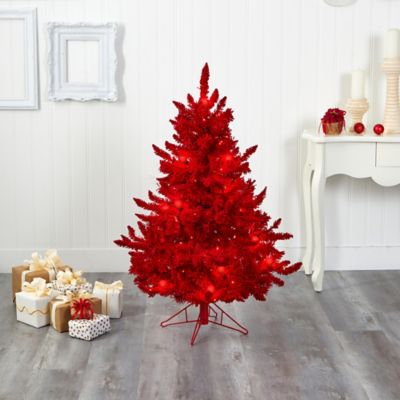 Image showing  4 ft. Red Flocked Fraser Fir Artificial Christmas Tree with Red Lights and Globe Bulbs