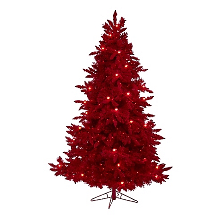 Nearly Natural 7 ft. Red Flocked Fraser Fir Artificial Christmas Tree with Red Lights
