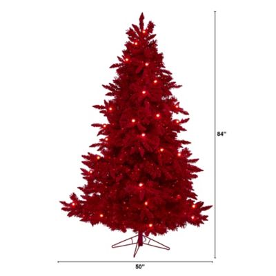 Image showing  7 ft. Red Flocked Fraser Fir Artificial Christmas Tree with Red Lights