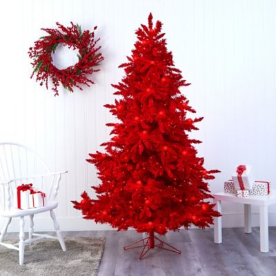 Image showing  7 ft. Red Flocked Fraser Fir Artificial Christmas Tree with Red Lights