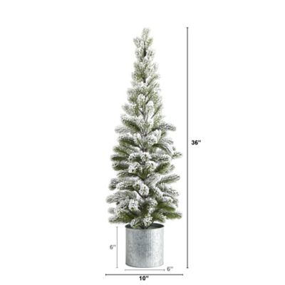 Image showing  3 ft. Flocked Christmas Artificial Pine Tree in Tin Planter