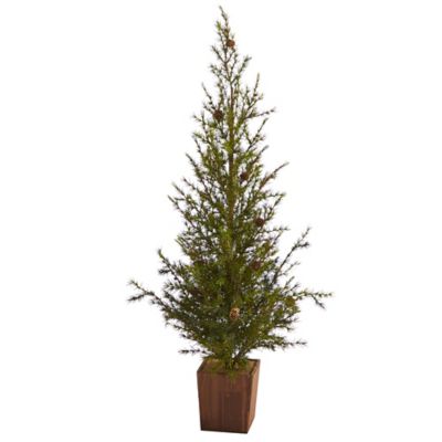 Nearly Natural 4 ft. Alpine Natural Look Artificial Christmas Tree with Pine Cones in Wood Planter