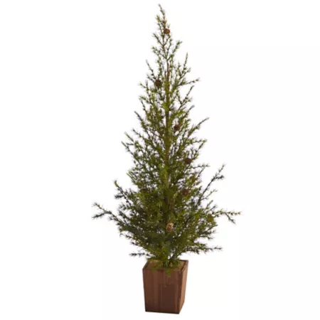 Nearly Natural 4' Alpine Natural Look Artificial Christmas Tree with Pine Cones in Wooden Pot Artificial Christmas Trees