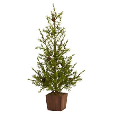 Nearly Natural 28 in. Alpine Natural Look Artificial Christmas Tree in Wood Planter with Pine Cones