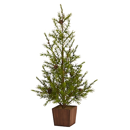 Nearly Natural 28 in. Alpine Natural Look Artificial Christmas Tree in Wood Planter with Pine Cones