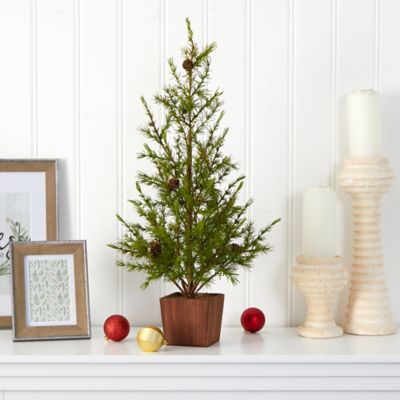 Image showing  28 in. Alpine Natural Look Artificial Christmas Tree in Wood Planter with Pine Cones