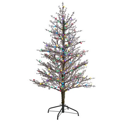 Nearly Natural 5 ft. Frosted Berry Twig Artificial Christmas Tree with Multicolor LED Lights