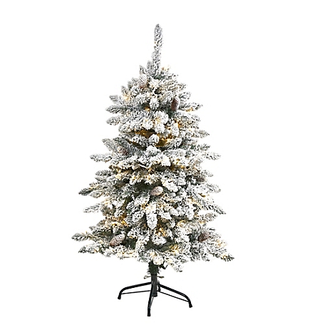Nearly Natural 4 ft. Flocked Livingston Fir Artificial Christmas Tree with Pine Cones and Clear Warm LED Lights