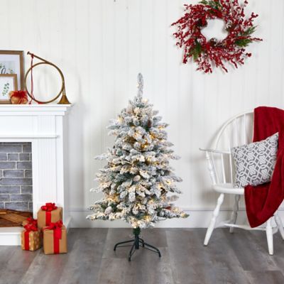 Image showing 4 th Nearly Natural 4 ft. Flocked Livingston Fir Artificial Christmas Tree with Pine Cones and Clear Warm LED Lights