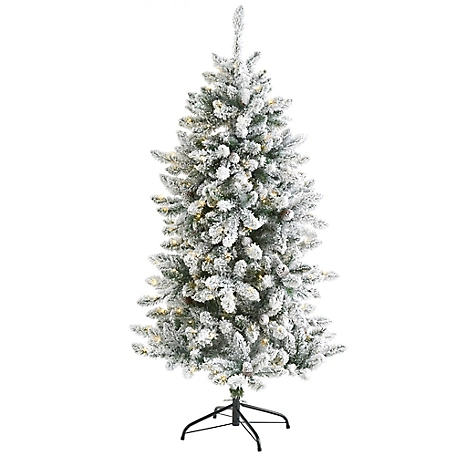 Nearly Natural 5 ft. Flocked Livingston Fir Artificial Christmas Tree with Pine Cones and Clear Warm LED Lights