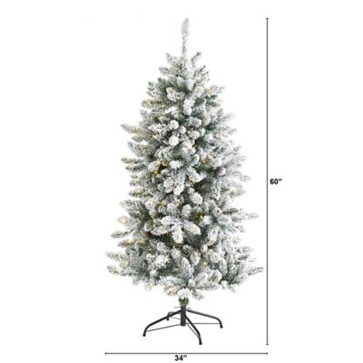 Image showing  5 ft. Flocked Livingston Fir Artificial Christmas Tree with Pine Cones and Clear Warm LED Lights