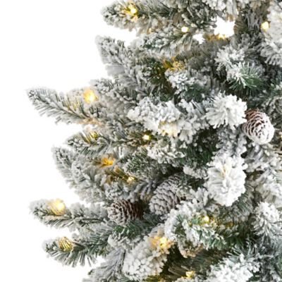 Image showing  5 ft. Flocked Livingston Fir Artificial Christmas Tree with Pine Cones and Clear Warm LED Lights