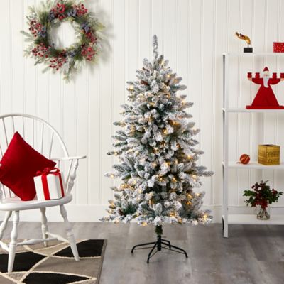 Image showing  5 ft. Flocked Livingston Fir Artificial Christmas Tree with Pine Cones and Clear Warm LED Lights